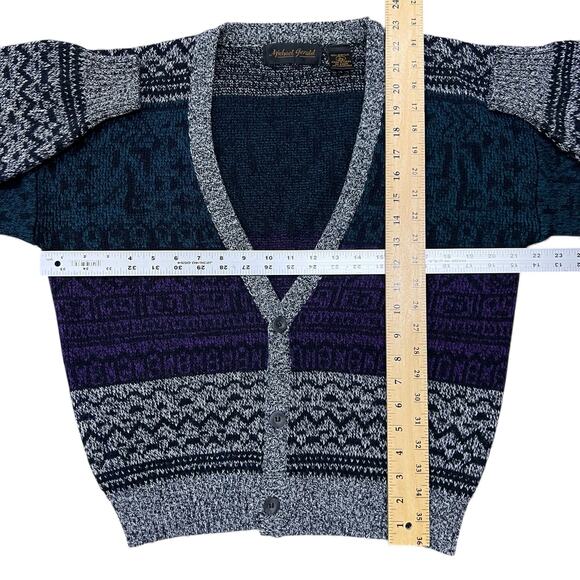 Vintage Michael Gerald Geometric Knit Pattern Cardigan Sweater Teal Purple Gray - Picture 4 of 5